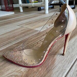 Christian Louboutin Degrastrass Nude & PVC Embellished Crystal Shoe Eur.37